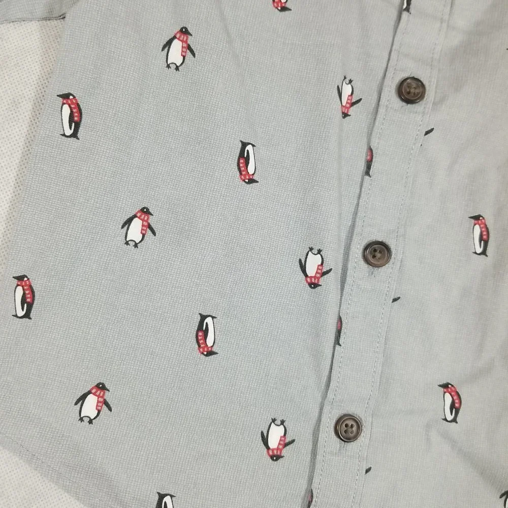 Old Navy‎ Button Down Shirt Gray Penguin Print and Bow Tie Boys Size 12-18 mo